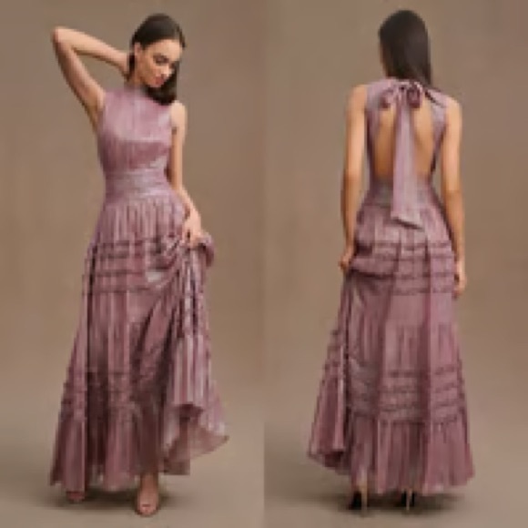 Anthropologie x BHLDN Juniper Metallic Tiered Backless High-Neck Gown